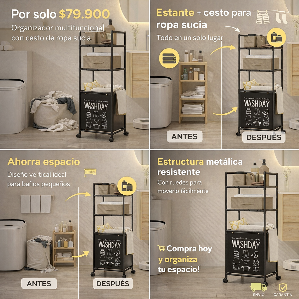 Organizador de Baño con Cesto para Ropa Sucia | Estante Metálico Multifunción