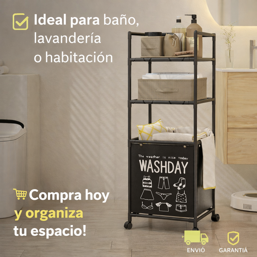 Organizador de Baño con Cesto para Ropa Sucia | Estante Metálico Multifunción