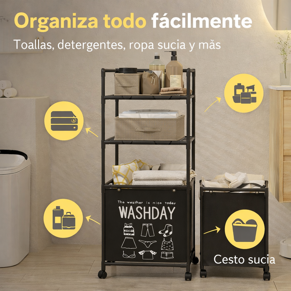 Organizador de Baño con Cesto para Ropa Sucia | Estante Metálico Multifunción