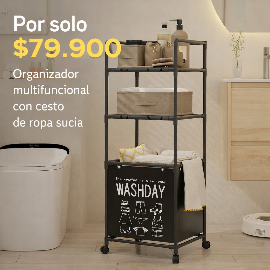 Organizador de Baño con Cesto para Ropa Sucia | Estante Metálico Multifunción