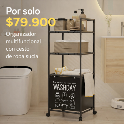 Organizador de Baño con Cesto para Ropa Sucia | Estante Metálico Multifunción