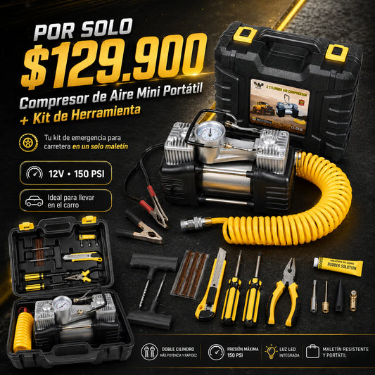 COMPRESOR DE AIRE MINI CON KIT DE HERRAMIENTAS